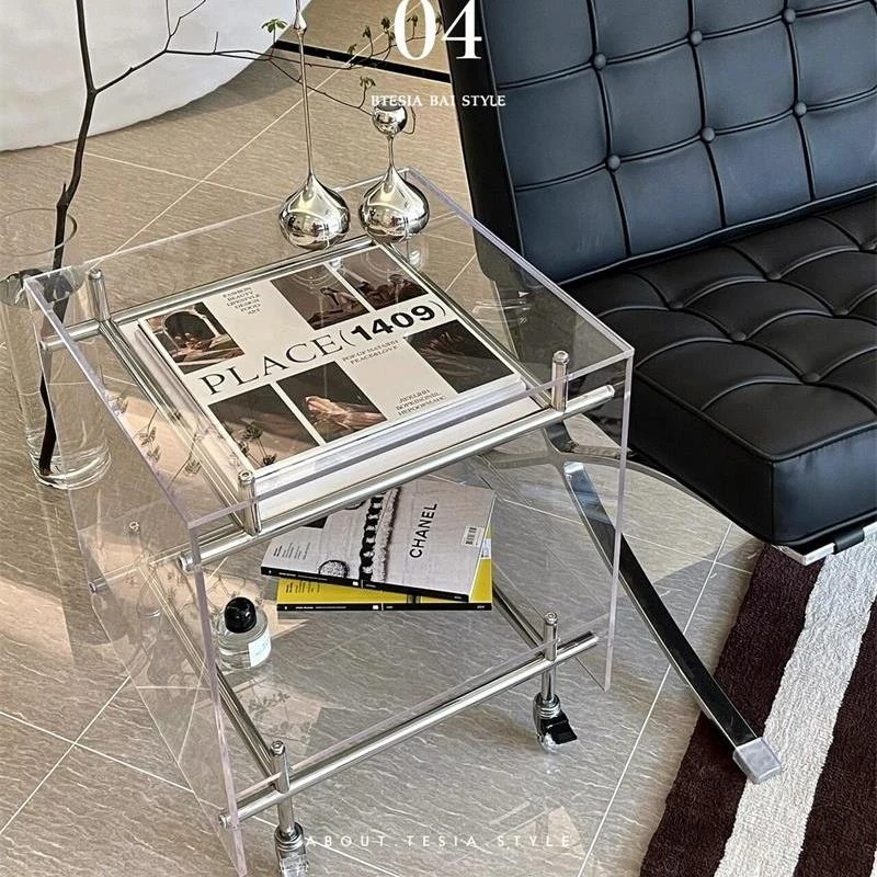 亚克力小推车置物架透明ins沙发边几茶几中古不锈钢可移动床头柜