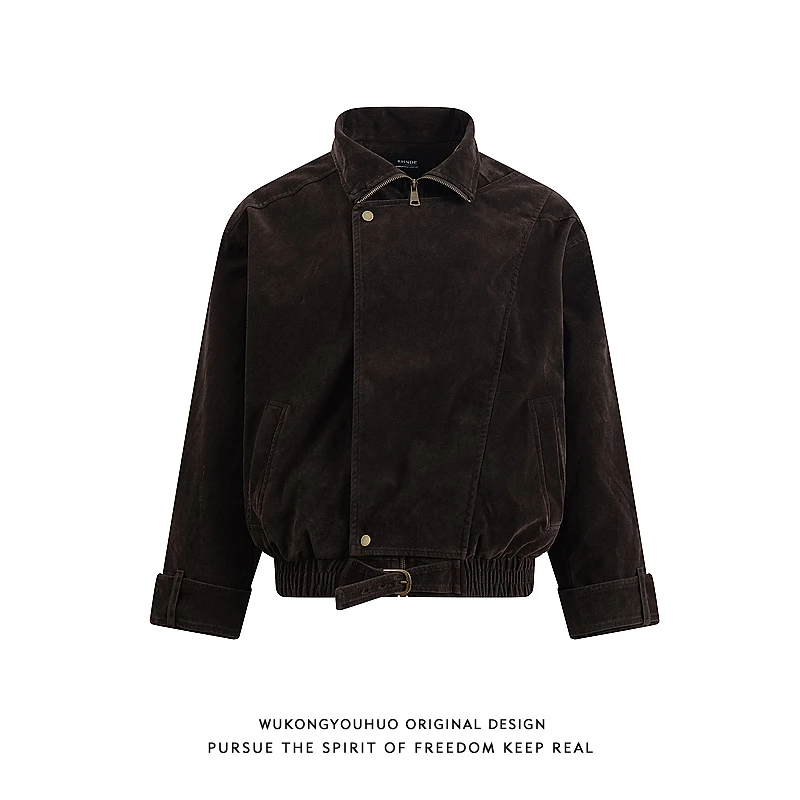 悟空有货美式复古拉链外套男潮牌街头高级感棕色短款立领夹克