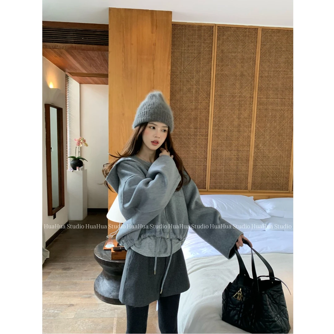 【花花】轻奢老钱~私服高克重羊毛连帽宽松卫衣式短款双面呢外套