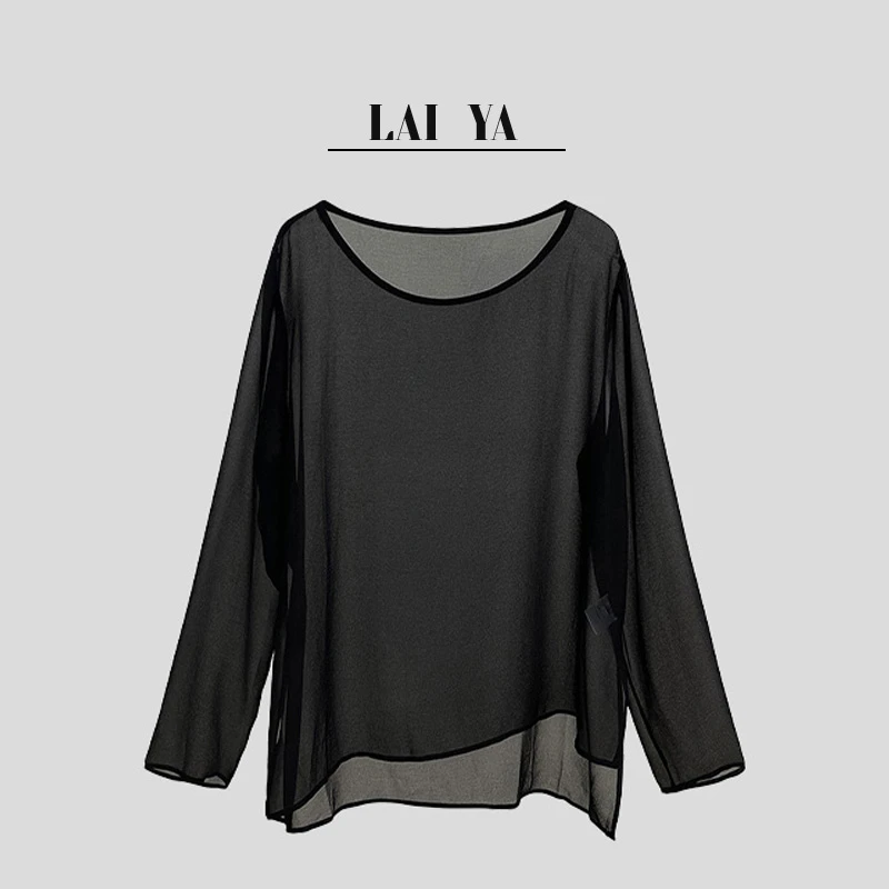 薄款长袖上衣宽松衬衫2025夏季新款女装内搭圆领气质黑色防晒衫