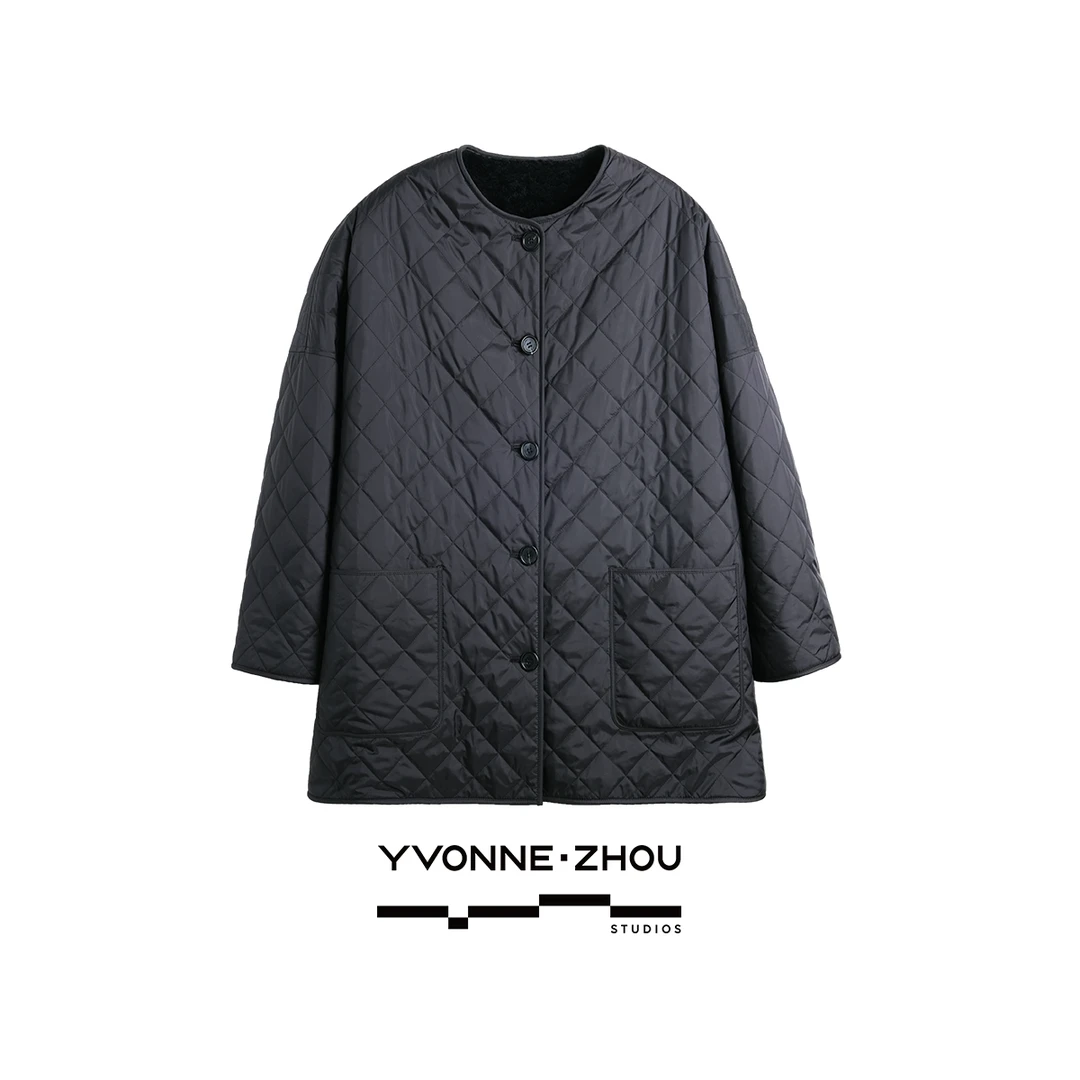 复古格纹 双面穿3M棉服中长款搭配皮毛一体内胆简约圆领 25666
