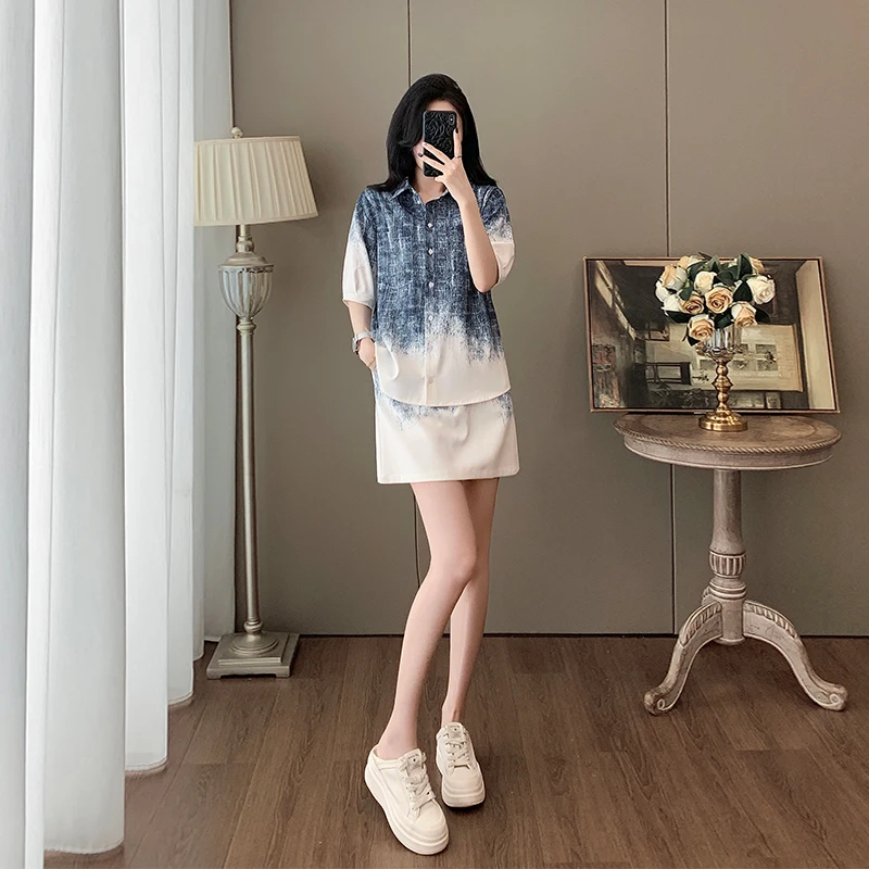 女装夏装套装2025新款爆款洋气减龄运动休闲渐变色短袖短裙两件套