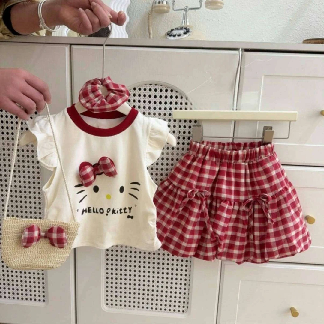 女童洋气套装夏季新款女孩红格子蝴蝶结短裙飞袖猫咪卡通时髦上衣