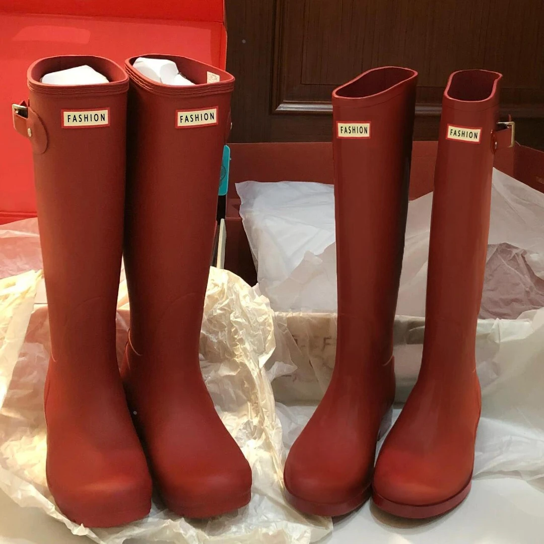 【CUFK &官方正品】新款厚底高筒靴超柔红色女士冬款粗跟长靴骑士