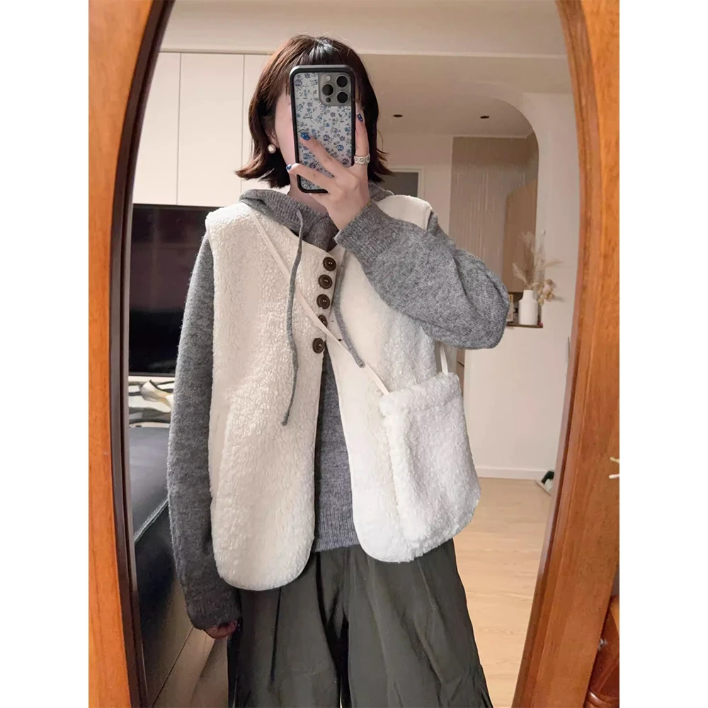韩系叠穿百搭羊羔毛马甲外套女秋冬时尚休闲宽松坎肩马夹气质上衣