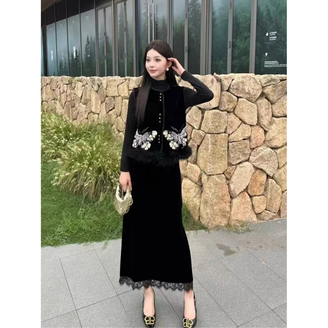 2025秋冬新款潮流复古新中式减龄感高级优雅马甲丝绒半身裙两件套