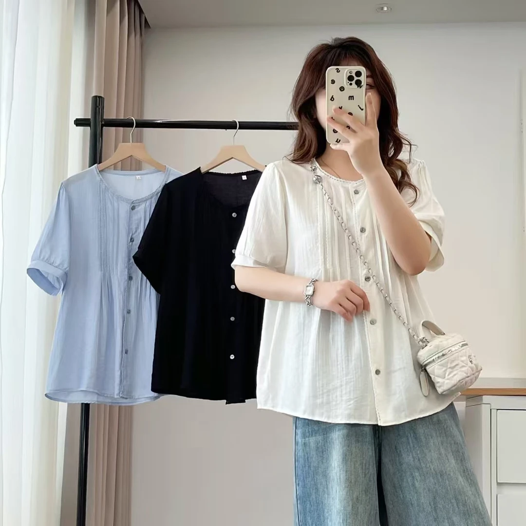 2025大码女装胖mm花边短袖褶皱衬衫圆领小清新显瘦衬衣韩系302