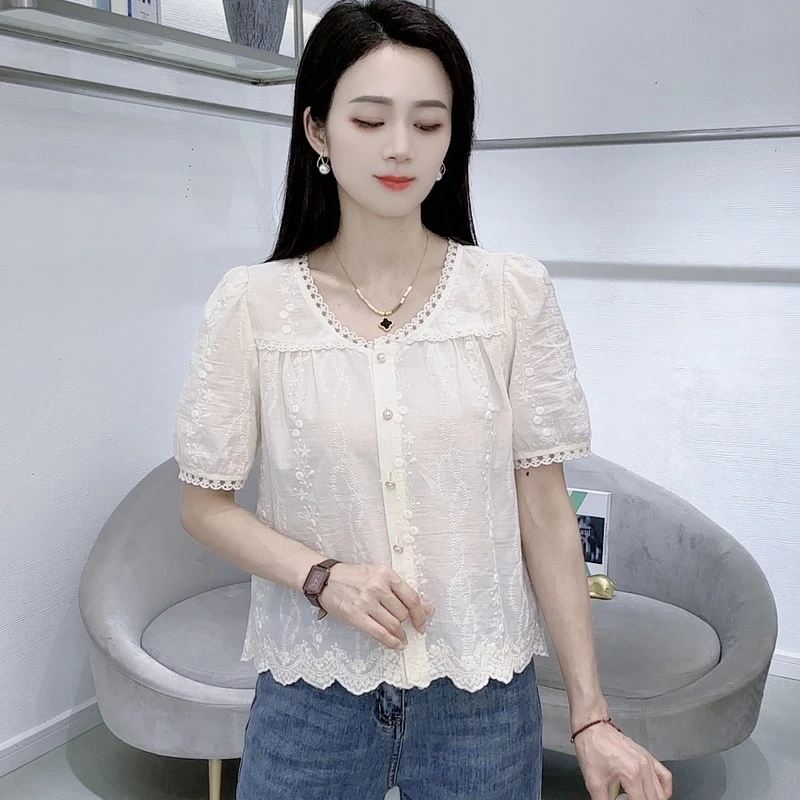 A8259夏季新款显瘦短袖法式减龄洋气设计感衬衫上衣