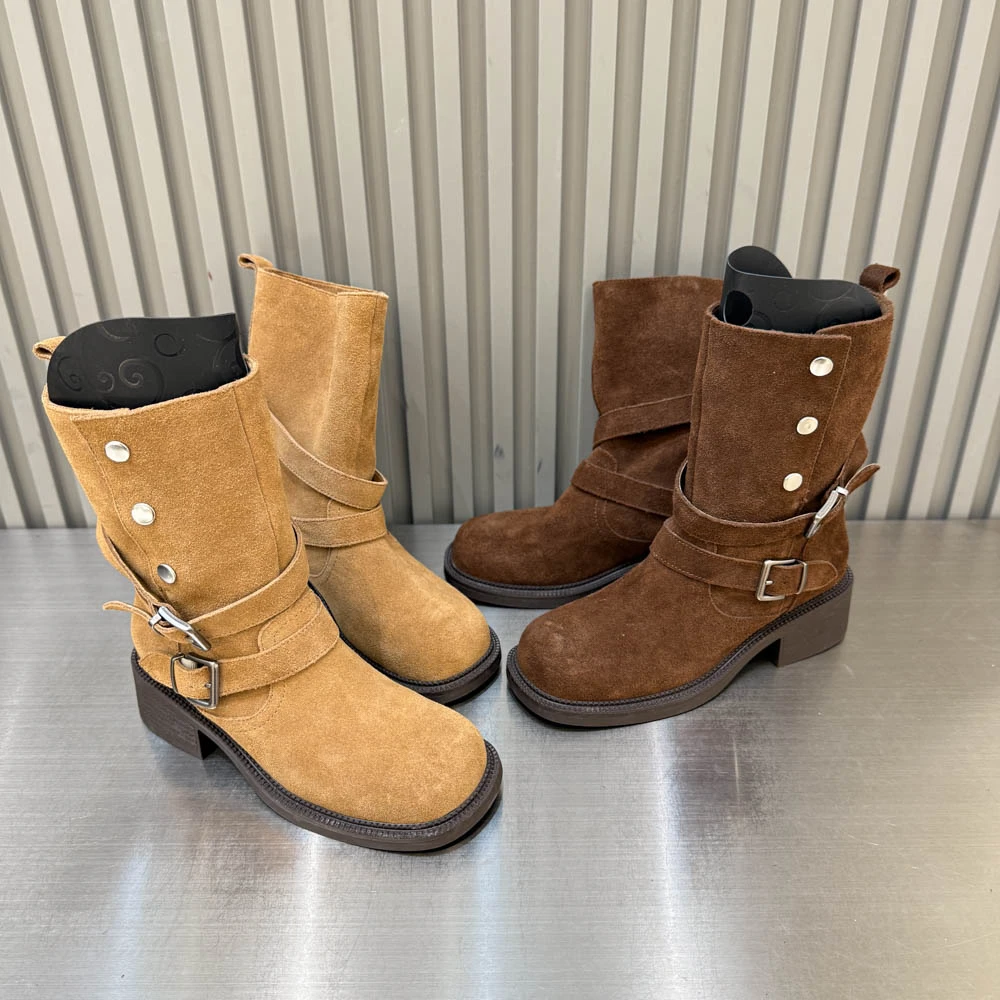 秋季防滑欧美时尚透气平跟马丁靴圆头粗跟高筒靴