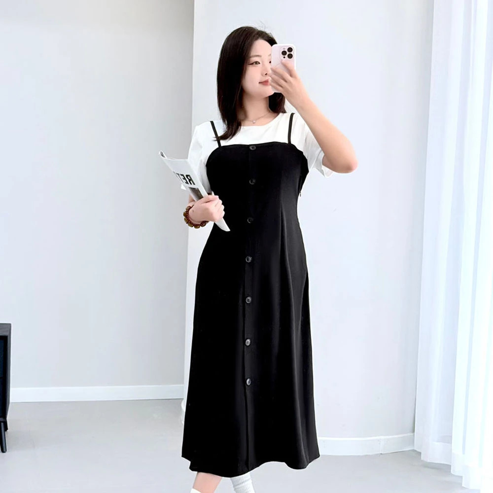 【岩心】大码女装260斤胖MM气质通勤假两件圆领遮肉连衣裙222095