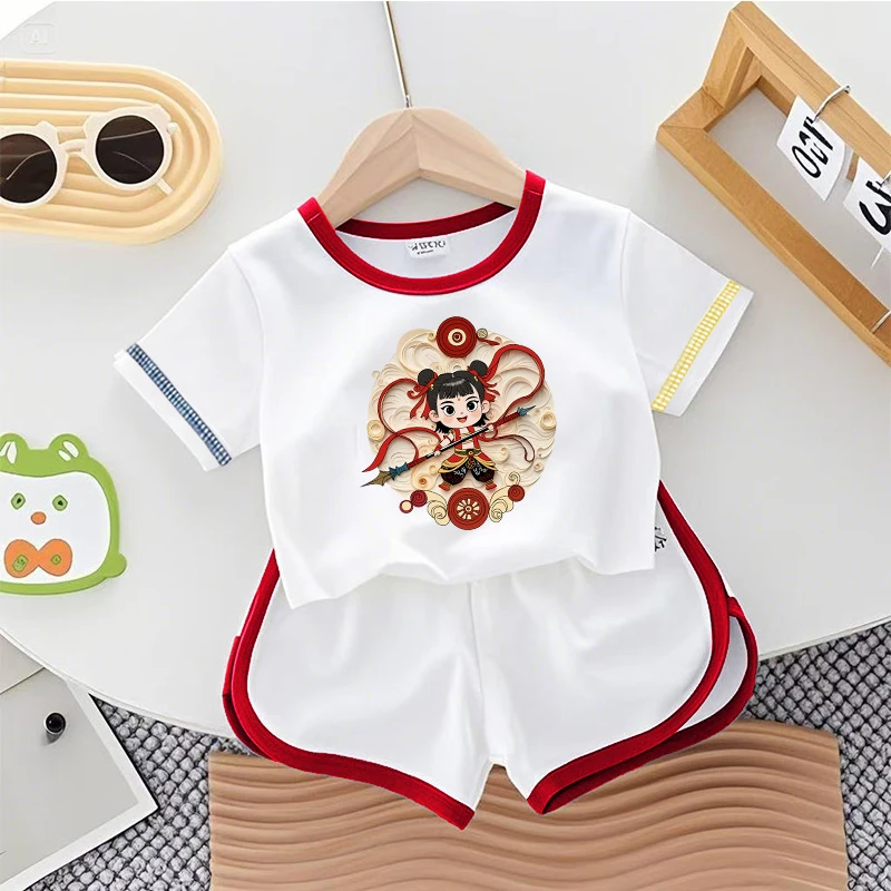 新款潮流百搭童装两件套短袖上衣短裤纯棉时尚洋气可爱卡通印花