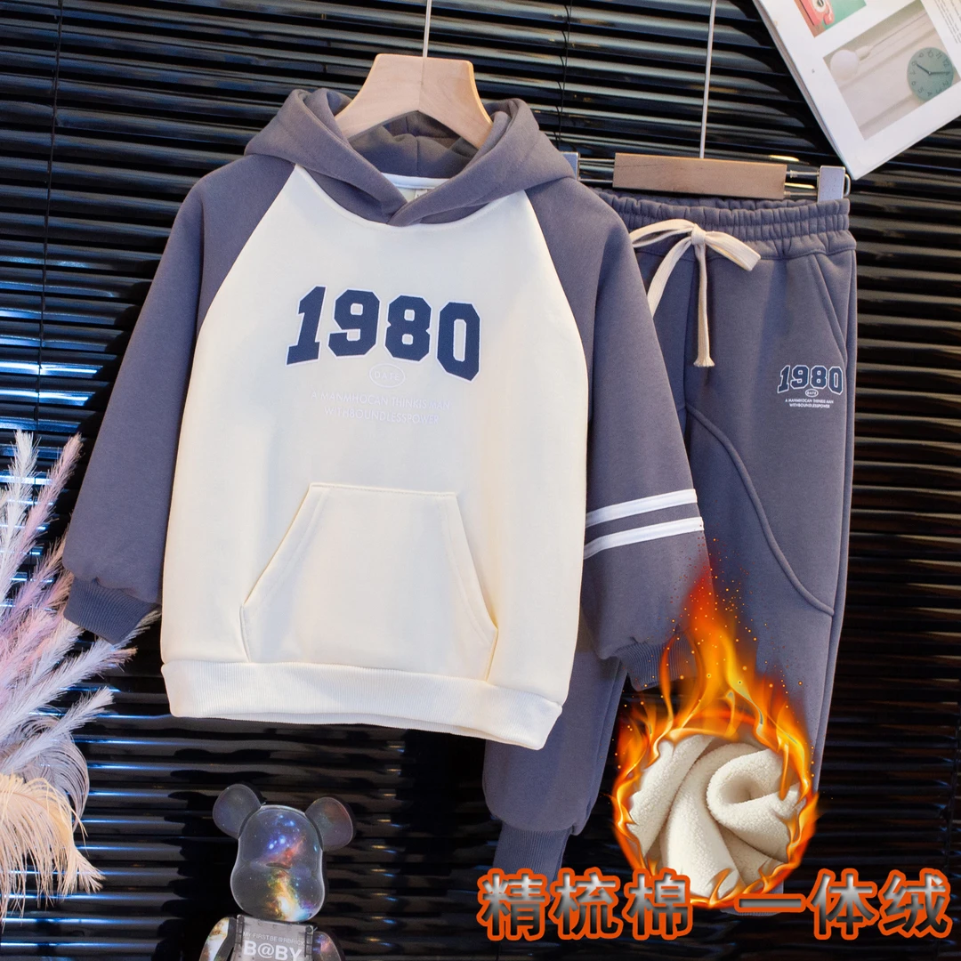 精梳棉保暖加绒加厚连帽儿童卫衣套装2024秋冬季中大童宽松套头衫