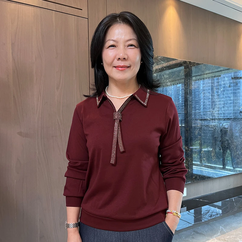 2025年秋季衬衫领镶钻轻薄小衫气质妈妈上衣9023
