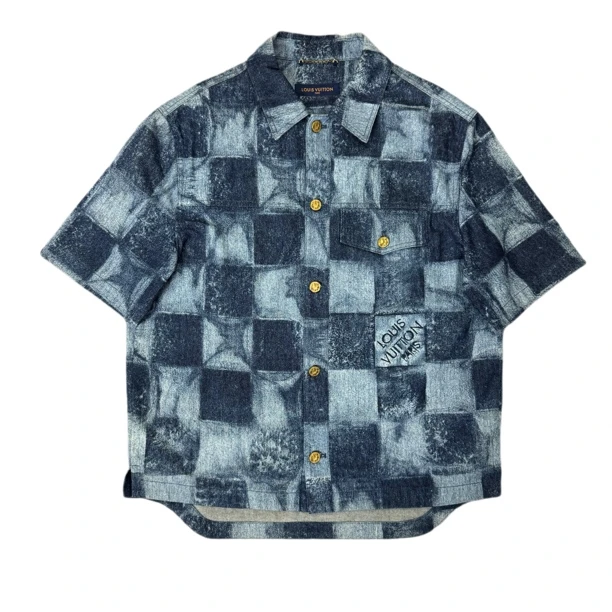 99新 LouisVuitton/路易威登 经典棋盘格牛仔短袖衬衫/XL码