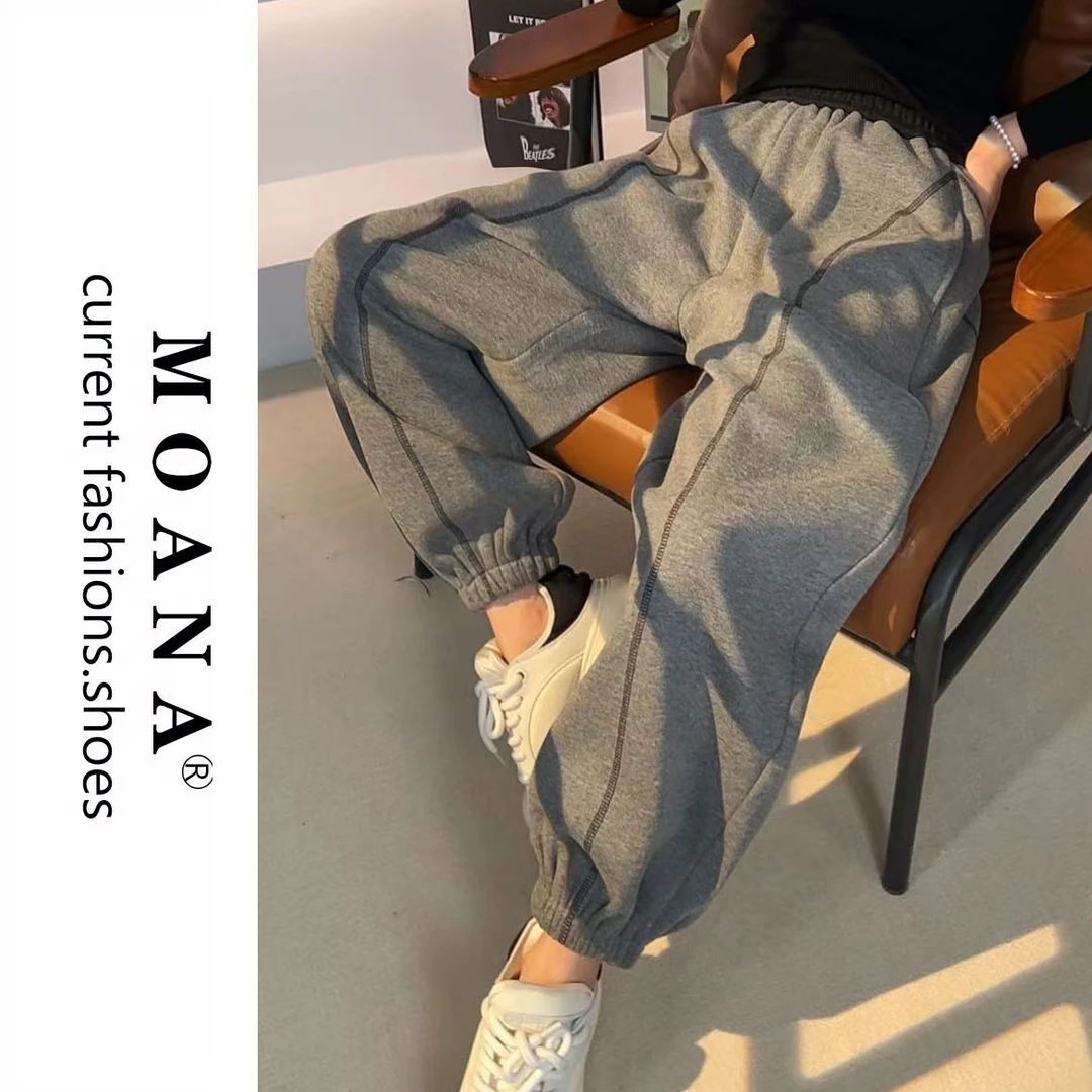 MOANA秋冬羊毛裤卫裤运动休闲工装裤加绒保暖束脚裤潮搭女裤宽松