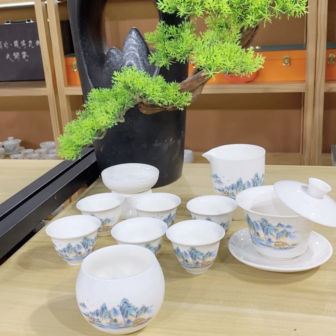 瓷片山水雅居羊脂玉套装