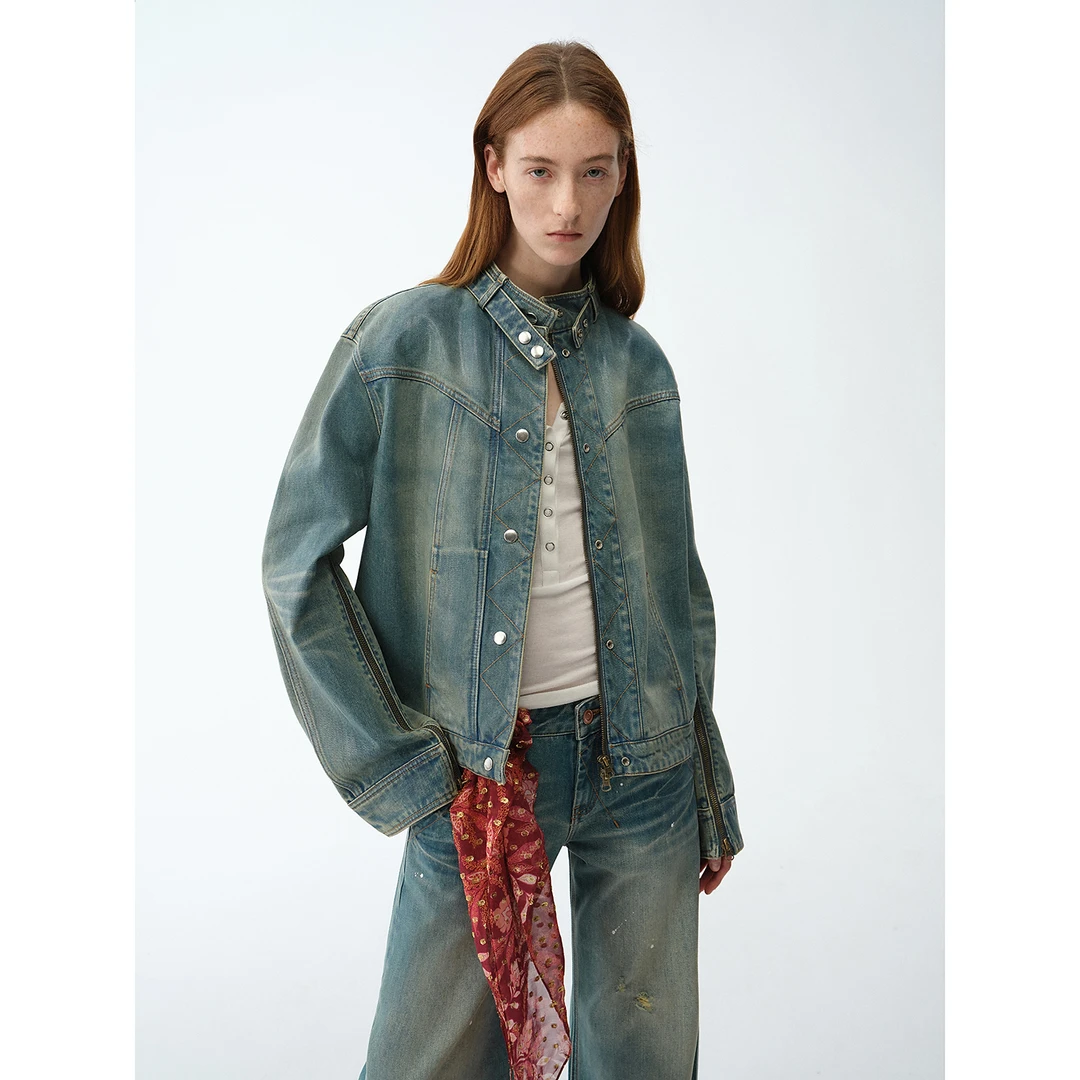 【chill无定式】 付智恩 威尔士 手工PU涂层立领机车牛仔夹克春