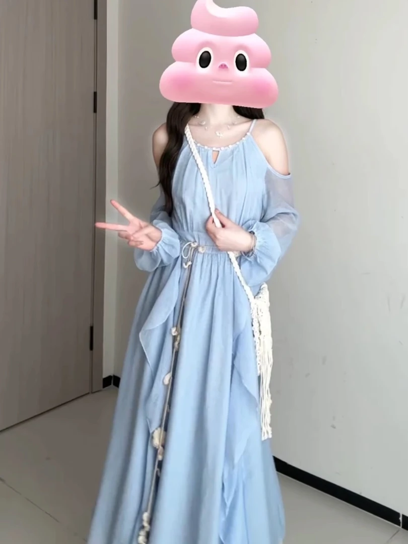 蓝色法式长袖挂脖露肩连衣裙女夏季新款收腰海边度假吊带裙中长裙