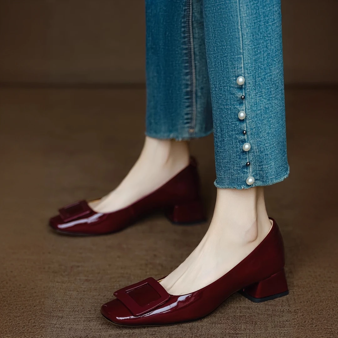 真皮断码清仓方头中跟单鞋女通勤粗跟工作鞋2025春秋新款软底皮鞋