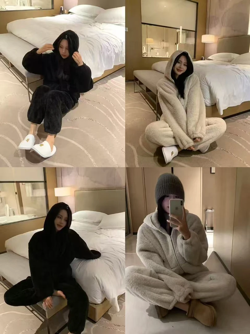 连帽珊瑚绒睡衣加厚可外穿