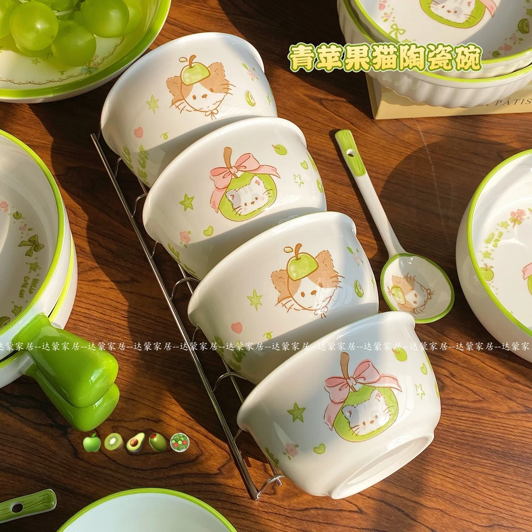 青苹果猫陶瓷碗米饭碗小清新高颜值可爱家用碗