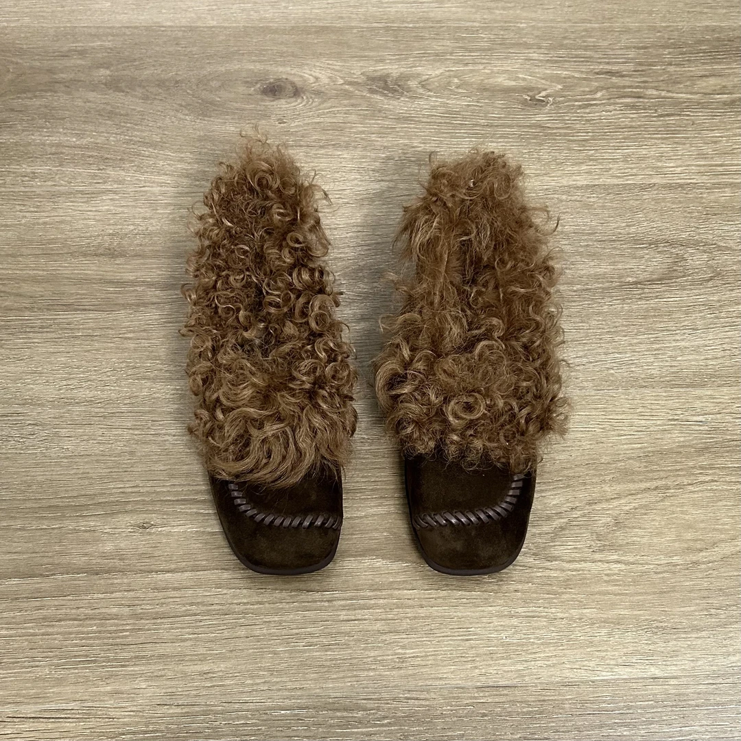 Dannyfrey法式深口女冬季加绒加厚编织方头羊皮一脚蹬毛毛单鞋4CM