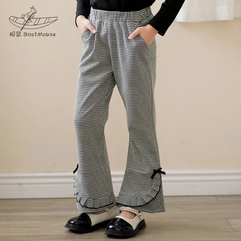 船鼠女童裤子春秋黑白格子木耳边儿童长裤小女孩时尚洋气微喇叭裤