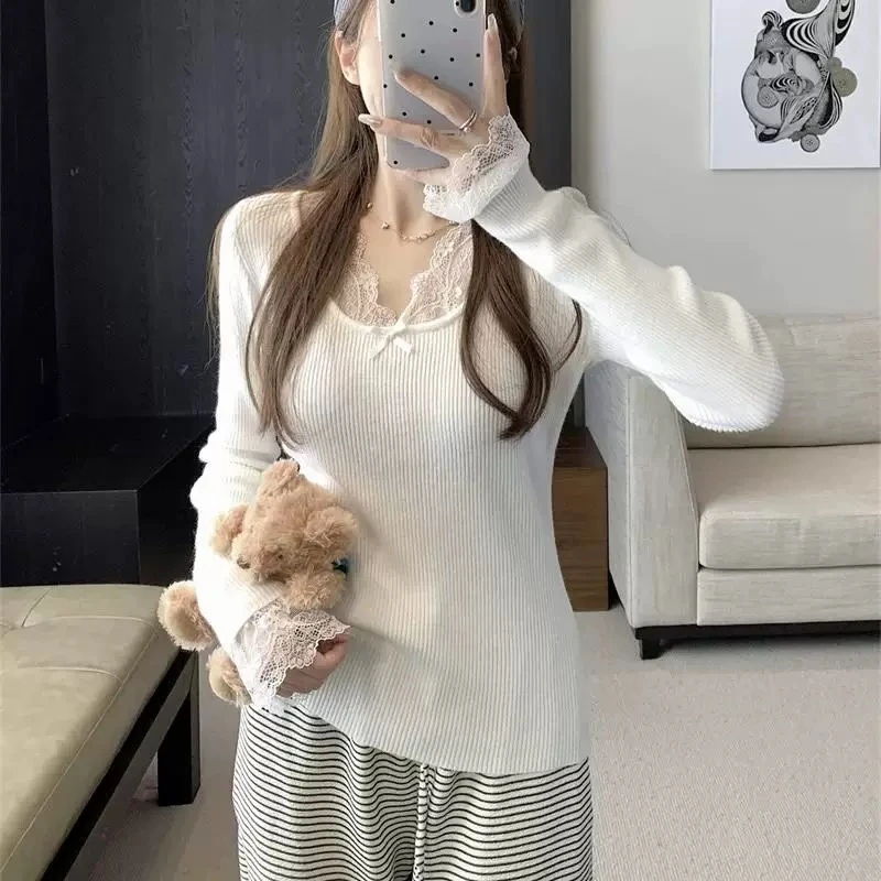 显瘦纯欲风毛针织衫时光针织毛衫长袖拼接针织衫套头毛衣上衣