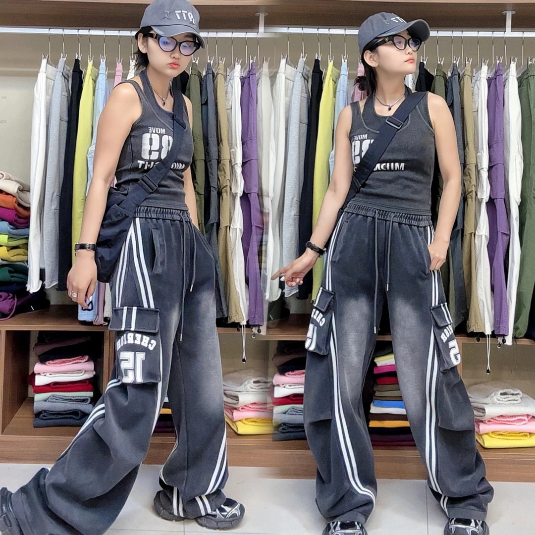 高腰工装裤口袋休闲裤直筒夏季高街春秋运动阔腿裤休闲拼接