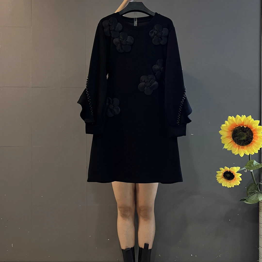 早秋新款高品质重工设计感立体玫瑰花时尚显瘦气质连衣裙