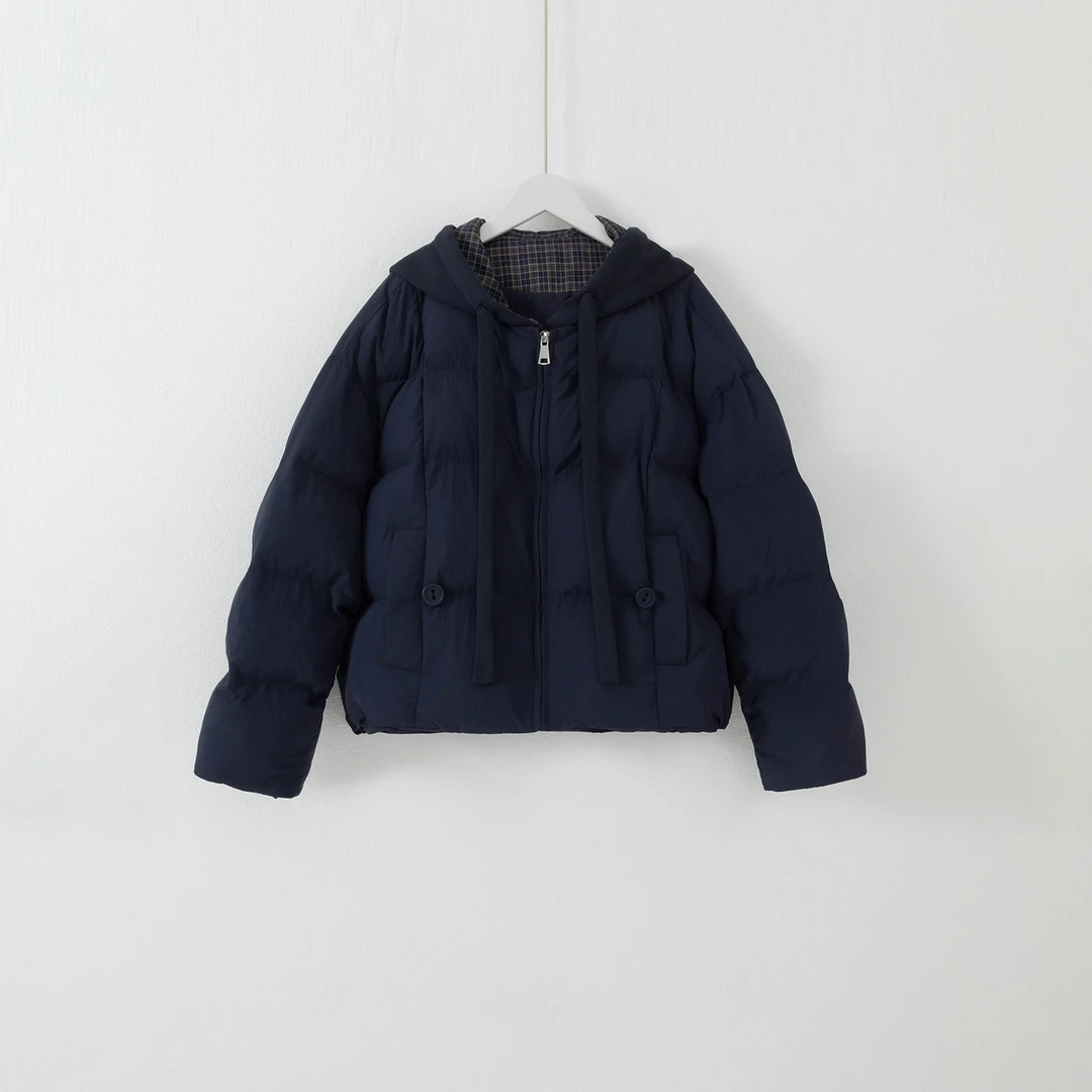 几里与麻 领口格纹拼接连帽棉服 衣长63胸围134 2092041