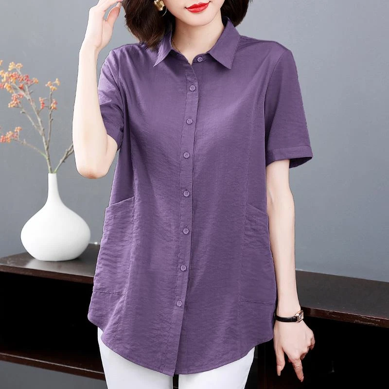 FAVMARTHA短袖衬衫女士夏季2025年新款大码女装衬衣中长款宽松妈