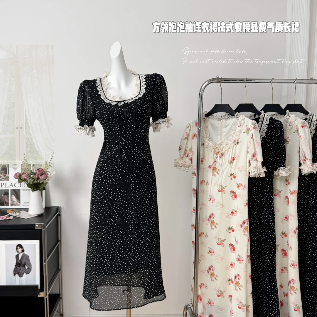 白水女 白塔玫瑰 大U领花边连衣裙女早春韩系chic别致穿搭长裙