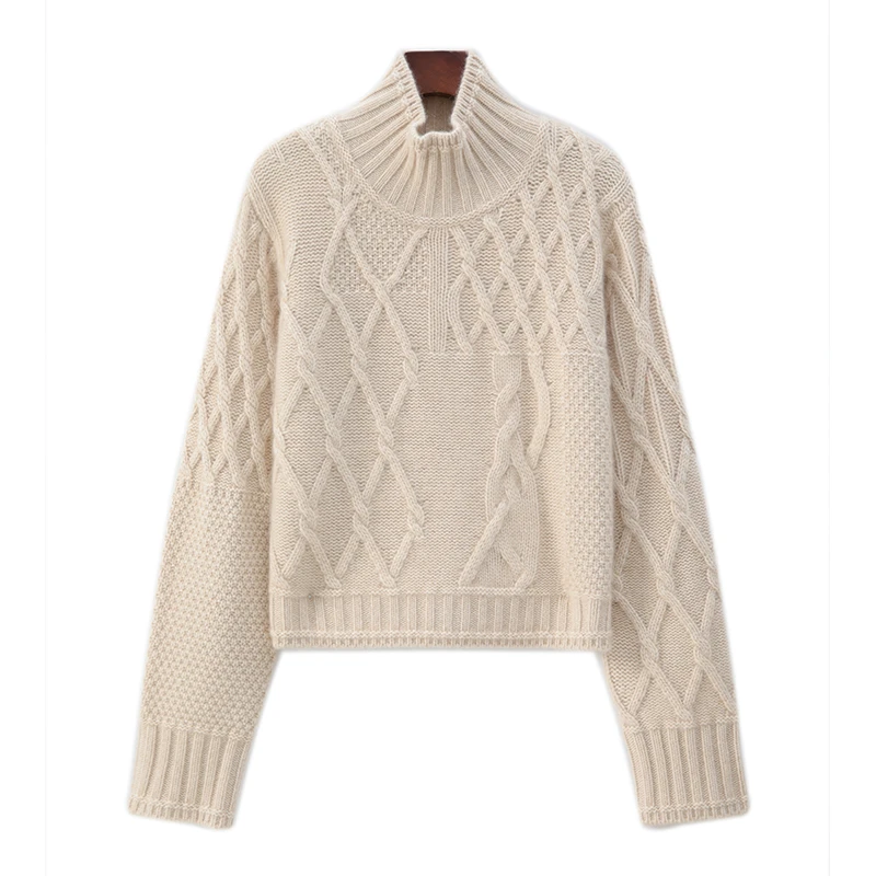 非对称设计绞花半高领加厚羊绒衫女士短款100%纯山羊绒套头打底衫