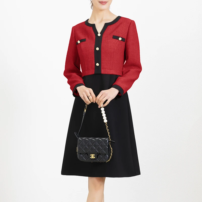 28566 V领粉色拼接小香风A字裙子收腰新款通勤气质职业连衣裙显瘦