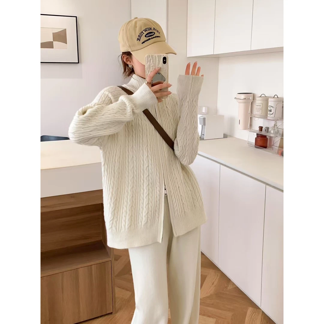 时尚秋冬新款双拉链麻花休闲毛衣开衫针织阔腿裤两件套洋气套装女
