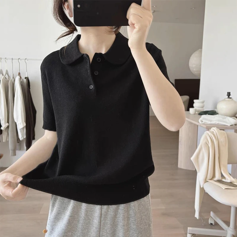 娃娃领针织衫女式春夏季新款简约小众设计感减龄短袖上衣