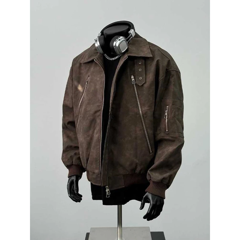美拉德棕色皮衣外套男潮牌翻领短款拉链机车服美式复古飞行员夹克