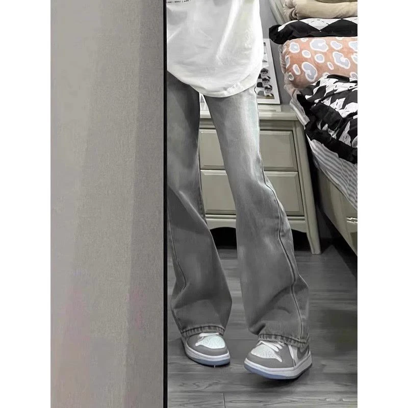 烟灰色美式复古高街微喇牛仔裤男春款百搭宽松休闲垂感直筒长裤