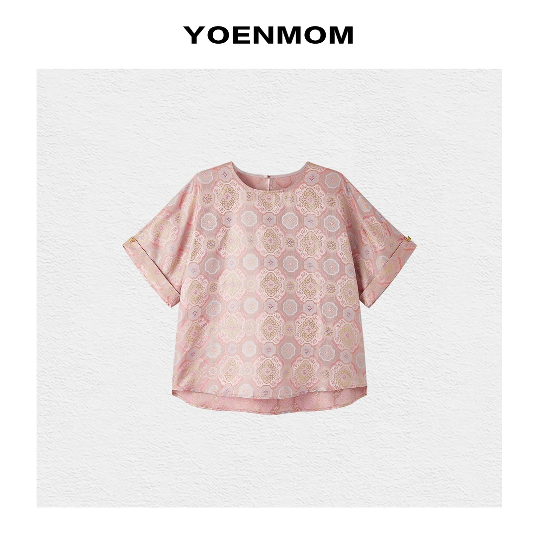 YOENMOM·五彩团花·春夏新品 100桑蚕丝异色罗偏光美国风圆领上衣
