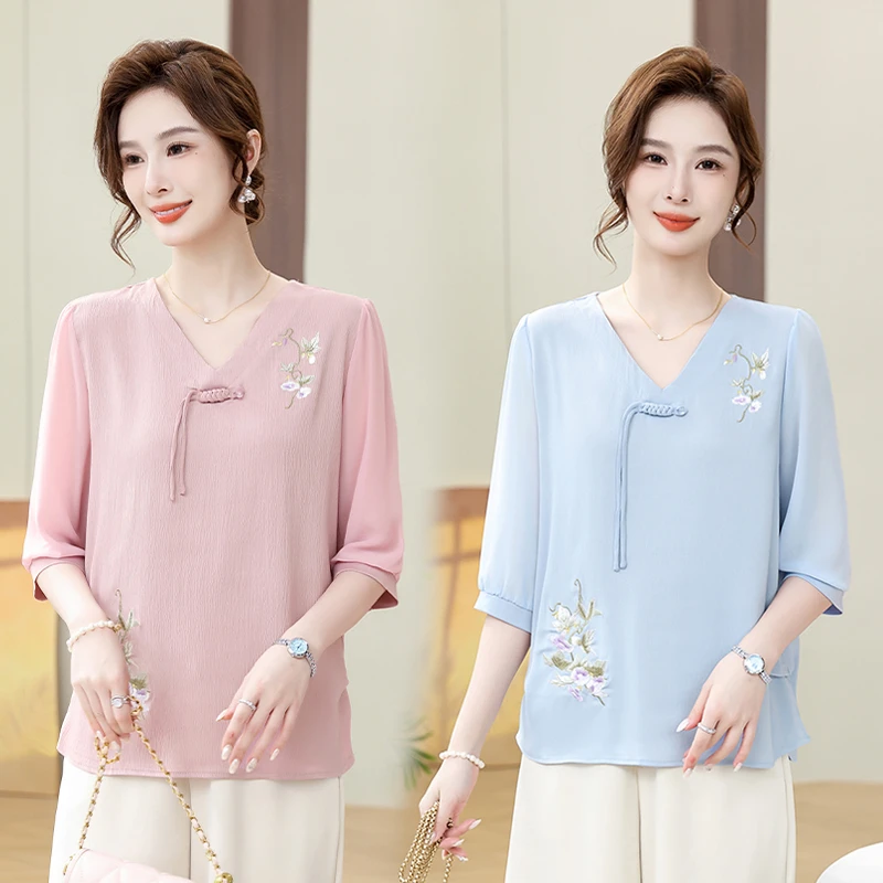 中年妈妈上衣女时尚洋气质中老年人妈妈夏装七分中袖T恤小衫雪纺