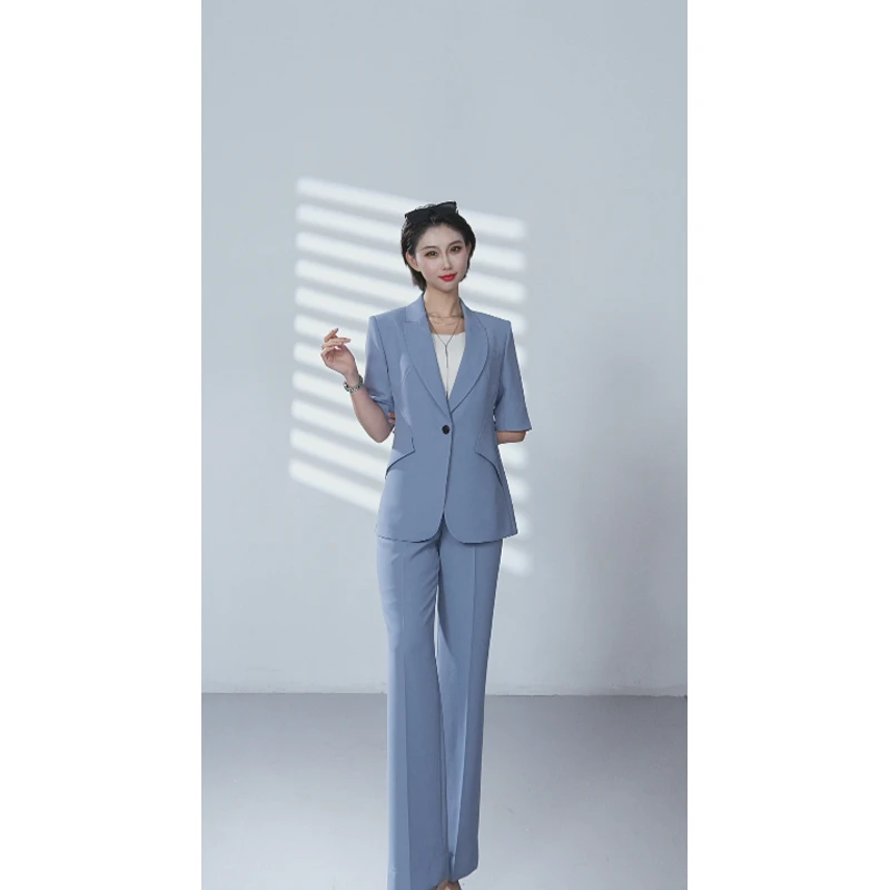 灰蓝色夏款短袖时尚显瘦轻职西装套装高端女士气质西服两件套