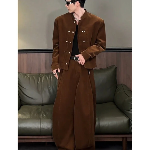 美式立领垫肩灯芯绒夹克外套男款秋季穿搭一整套高级感新中式套装