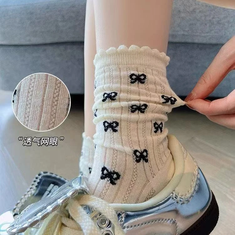 中筒袜夏季薄款蝴蝶结袜子女波点花边中筒袜防滑网眼镂空学院风堆