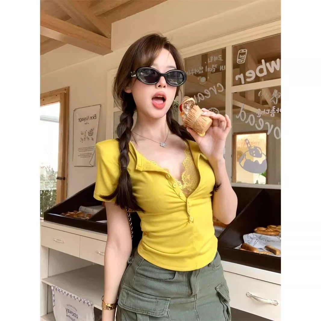 多巴胺假两件蕾丝短袖t恤女夏纯欲辣妹性感v领短款小上衣独特绝美