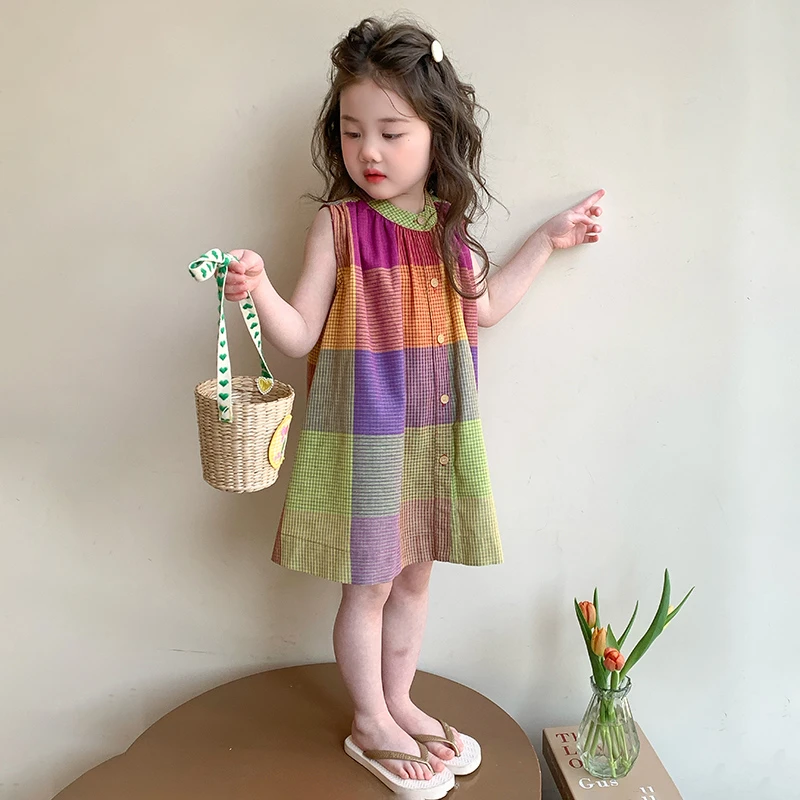 女童夏款连衣裙2025年新款网红洋气无袖格子裙儿童潮酷彩色背心裙