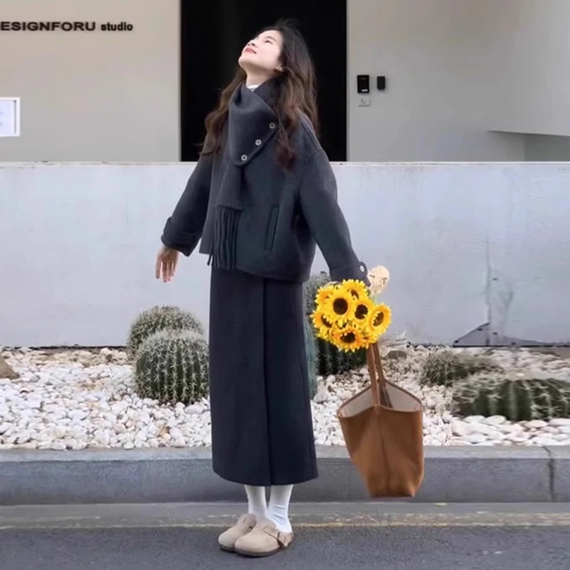 【秋上新】冬季穿搭一整套女高级感小香风独特短款毛呢外套半身裙