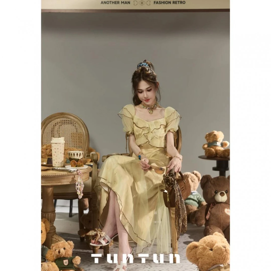 【欧若漫纱 杏色, 袖口能调节】连衣裙