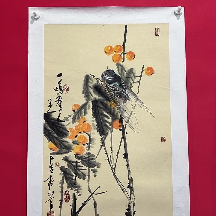 国画柳平三尺作品蝉