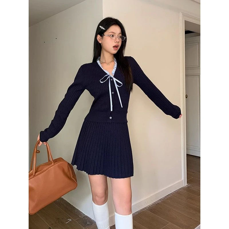 韩系学院风穿搭蝴蝶结系带针织衫上衣女春季高腰气质百褶短裙套装